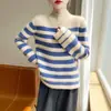 Suéter grueso de lana 100% a rayas, textura cálida de siete agujas, tejido clásico versátil, prenda superior esencial para el commuting en otoño e invierno