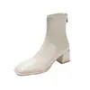 Botines Cortos de Piel Genuina Color Blanco Crudo Ajustados para Mujer 2025 Nuevo Estilo Botines Punta Cuadrada Tacón Grueso Botines Individuales Tacón Medio Forro de Lana Botines Color Nude