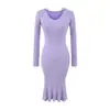 Vestido de Punto Primavera y Otoño Mujer 2025 Nuevo Ceñidor de Cintura Elegante Delgado Suéter Cuello V Falda de Cadera Falda Larga de Cola de Pez