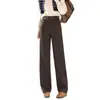 Calça reta de lã listrada marrom para mulheres, outono, forrada com fleece, espessa, cintura alta, solta, casual, estilo preguiçoso, adequada para ir ao trabalho