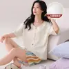 Pijama de Verão Feminino Estilo Popular com Bojo no Peito, Roupa de Casa de Algodão Puro com Manga Curta e Shorts, Cardigã Feminino que Pode Ser Usado Fora