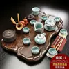 Juego de Té para Uso Doméstico, Bandeja Pequeña de Cerámica y Vidrio para Té Kung Fu, Mesa de Té, Bandeja de Té para Oficina con Drenaje, Madera Maciza Simple