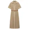 Moda europea y americana transfronteriza para mujer: popular en AliExpress, elegante vestido midi con cinturón y detalles de color contrastante