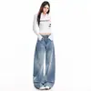 Calça jeans feminina transfronteiriça, estilo americano, lavagem desgastada, bolsos grandes, azul céu, calça comprida, azul céu, extra longa, Yichuntu