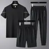 24 Verano Nuevo Traje de Tres Piezas para Hombre Cuello Redondo Secado Rápido Casual Deportivo Fitness Transpirable Manga Corta + Shorts + Pantalones