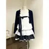 Vestido de pastel abullonado con estampado de lunares en la correa, bordes con volantes, falda de cuadros y cárdigan de manga larga para mujer, disponible en stock, color medianoche, 'sweetheart girl'