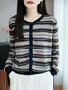 Cárdigan de punto a rayas color block para mujer, nuevo estilo otoño e invierno, cuello redondo, manga larga, lana fina, suéter abrigo versátil Fair Isle