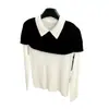 Top de punto de contraste en blanco y negro, estilo dos piezas falsas, con cuello camisero y manga larga para mujer, nueva camisa básica de otoño ajustada, elegante top blanco