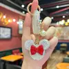 Chaveiro de Cabeça da Minnie com Strass de Alta Qualidade, Pingente Popular para Bolsa de Rede com Cordão de Contas de Cristal Mickey, Decoração para Chave de Carro