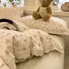 Algodón Aeróbico Bolas de Algodón Estilo Pastoral Floral Juego de Cama de Cuatro Piezas Encaje Francés Cubre Edredón para Dormitorio de Estudiante Juego de Tres Piezas de Sábana
