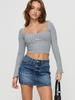 Blusas de Manga Larga para Mujer con un Diseño Elegante, Blusas de Cuello Cuadrado para Mujer, Blusas de Manga Larga Ajustadas, Ropa para Mujer de Comercio Exterior Europeo y Americano, Blusas de Verano para Mujer que Muestran el Abdomen