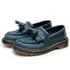Mocasines Azules con Borlas Crazy Horse para Mujer, Zapatos Pequeños de Cuero Genuino de Caña Baja, Cuero de Primera Capa, Estilo Británico, Zapatos Casuales de Moda para Estudiantes con Punta Redonda