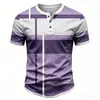 Camisa Henley de Hombre con Estampado de Retazos Rayados Moda Cuello Henley Botones Superior Casual Holgada Manga Corta Camiseta para Hombre