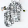 Pijama de algodón para mujer, manga corta, shorts, traje de verano para pareja, gasa de algodón, a cuadros, ropa casual para el hogar para hombre, talla grande