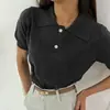 Top de diseño simple tejido estilo coreano para mujer, comercio exterior transfronterizo, moderno y elegante, corte ajustado, adelgazante, cuello polo, manga corta