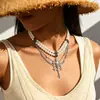 Cadena de Suéter Doble Capa con Cruz de Perlas Sintéticas Incrustada de Diamantes Personalizada Estilo Europeo y Americano Collar de Gama Alta Lujo Ligero Elegante Nicho Vintage