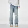Jeans Masculino Novo de Outono 2026, Tendência de Luxo com Detalhes Rasgados, Bordado Aplicado, Corte Reto, Azul Claro, Preto e Cinza, Calça Longa Versátil