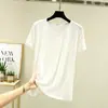 Camiseta casual feminina estilo coreano para primavera e verão, cor sólida nova, estilo preguiçoso, gola redonda elegante, manga curta, corte solto, simples