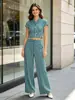 Conjunto de dos piezas para mujer con top de rayas y cuello y pantalones de pierna recta, atuendo retro de estilo callejero abotonado estilo chino, suministro de ropa para mujer transfronteriza