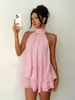 Vestido Top Europeu e Americano Transfronteiriço Feminino de Férias Slim Sexy Costas Abertas Gola Halter Amarração na Cintura Saia Bufante