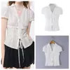 Ropa de Mujer al por Mayor Transfronteriza 2026 Nuevo Estilo Francés Sencillo Cuello en V Cintura con Lazo Moda Bordada Camisa Blanca Top