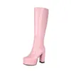 Botas de moda de bico redondo com zíper lateral, botas de couro envernizado, botas de cano alto brilhantes para outono e inverno, plataforma impermeável versátil, botas femininas plus size