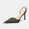 Zapatos de tacón alto de punta estilo francés con falda, tacones de aguja plateados de cuero suave, zapatos de salón de boca poco profunda, sandalias transpirables con diseño calado y punta cerrada para mujer, verano