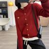 Cardigan Feminino de Lã 100% com Gola Redonda para Primavera e Outono, Bordado Exquisito de Pônei da Sorte, Jaqueta Tricotada de Desenho Animado Fofa