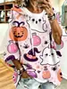 Sudadera con Capucha Estampada en 3D Nueva para Halloween 2026 para Mujer, Manga Tres Cuartos, Patrón de Calavera y Calabaza, Chaqueta Casual Holgada