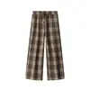Calça Xadrez de Lã Casual Espessa Outono e Inverno Heyhenry para Mulheres, Perna Reta Retrô, Perna Larga Solta Estilo Coreano
