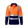Camisa Polo Reflectante de Manga Larga en Azul Marino con Costuras Bicolor, Alta Visibilidad Inspección de Carreteras Secado Rápido Transpirable Ropa de Trabajo
