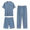 Pijama de Algodón Modal para Hombre Manga Corta Pantalón Corto Pantalón Tres Piezas Almohada Linda Talla Grande Cárdigan Solapa Ropa de Casa MO