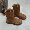 Comercio exterior botas individuales hechas a mano de piel de vaca para mujer 26 Otoño nuevo punta redonda suela gruesa sin cordones piel genuina de media pantorrilla botas para mujer botas cortas ajustadas
