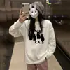 Camiseta de Algodão Puro com Estampa de Gato Estilo High Street Americano Manga Longa para Mulheres Nova Coleção Primavera e Outono Estilo Preguiçoso Solto Versátil Tendência