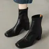 Botas ajustadas elásticas de tacón grueso retro negro para mujer, punta cuadrada, cremallera trasera, botas de moda marrones 2026, botines versátiles y elegantes