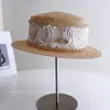 Sombrero de Moda de Rafia con Encaje, de Copa Plana para Mujer, Verano, Estilo Francés, Elegante, Transpirable, Sombrilla, Protección Solar, Sombrero de Paja