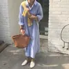 Versão Coreana 2026 Estilo Fresco Versátil Gola Polo Listrada Manga Longa de Botão Único Vestido Longo Estilo Camisa Oversized