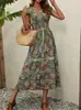 Vestido Largo de Algodón de Color Sólido con Cuello Redondo y Manga Corta, Estilo Vacacional Popular Transfronterizo 2024, Estilo Elegante de Primavera y Verano