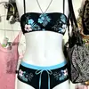 Maiô Tomara que Caia Floral Tropical com Base Preta, Cós Largo de Cor Contrastante e Calcinha Sem Alças, Maiô Duas Peças para Férias na Praia, Estilo Hot Girl