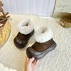 Botas de Neve Grossas e Quentes com Gola de Pelo Forrada de Lã Color-Blocking Retrô Moda de Inverno para Meninas Botas Curtas Antiderrapantes com Sola Grossa Sapatos de Algodão