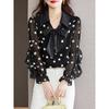 Camisa de lunares para mujer, primavera 2025, nuevo estilo, hermosa camisa de gasa que cubre el vientre, camisa con volantes, camisa elegante.