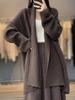 Casaco Cardigan de Lã 100% Puro com Gola e Ombros Caídos Feminino de Comprimento Médio para Outono e Inverno, Suéter Capa de Tricô Pesado Espessado