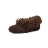 Sapatos de Pelo Quentes e Espessos 2025 Inverno Salto Baixo Bico Redondo Camurça de Vaca Laço Forrado com Lã Sapatos de Algodão para Mulheres