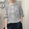 Camisa Feminina Estilo Coreano Primavera 26 Novo Design Único Patchwork de Renda Xadrez Solta Elegante Gola Redonda Manga Longa