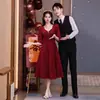 Vestido de Brinde para Noiva Estilo Francês para Mulheres Baixas, Vestido Casual Vinho para o Dia do Casamento, Doce Vestido de Noivado para Festa de Retorno, Vestido Feminino