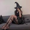 Calcetines de red de pesca con diseño de luna negra de moda para mujer, con letras de flores y enredaderas, sexys, para otoño e invierno, con agujeros en el interior del pie.
