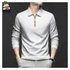Popular Camisa Polo Cepillada de Media Cremallera Manga Larga para Hombre Cuello Solapa Primavera y Otoño Seda de Morera Tops para Hombres de Mediana Edad Camiseta