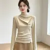 Blusa de tricô gola alta assimétrica de manga longa estilo coreano para mulheres, novo design de outono, corte justo, com fenda