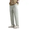 Promoção calça casual masculina de seda gelada, perna reta solta, textura, cintura elástica, slim, respirável, longa, verão, novo
