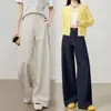 Pantalones Anchos de Lino Estilo Nuevo Similar al Mezclilla para Mujer, Pantalones Largos Casuales Sueltos de Cintura Alta para Otoño, Pantalones Rectos Azules con Caída